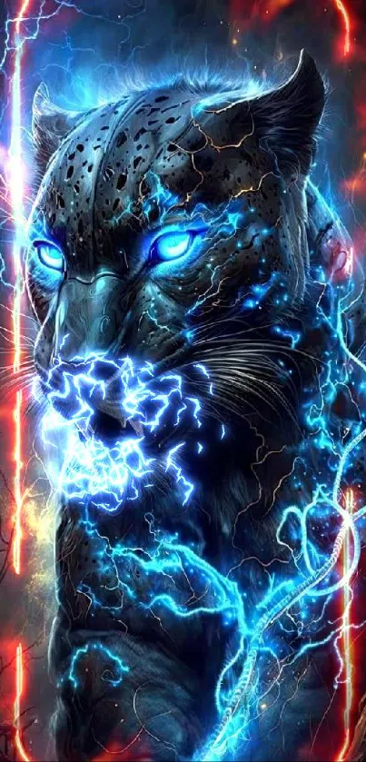 Digital artwork of a panther with electric blue lightning and glowing eyes.