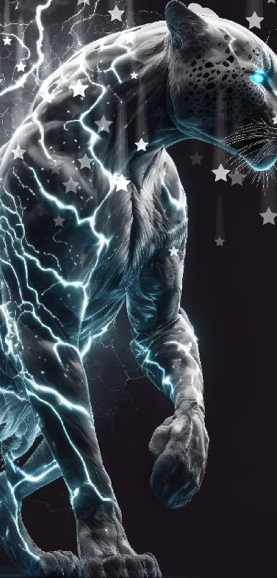 Electrifying panther with vivid lightning art on a dark background.