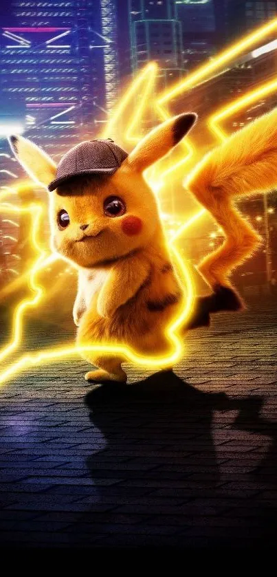 Pikachu with electric effects in a cityscape wallpaper.