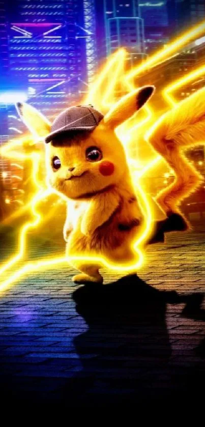 Pikachu with electric effects in a cityscape background.