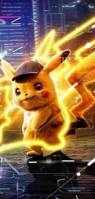 Pikachu in city with electric lightning and skyscrapers.