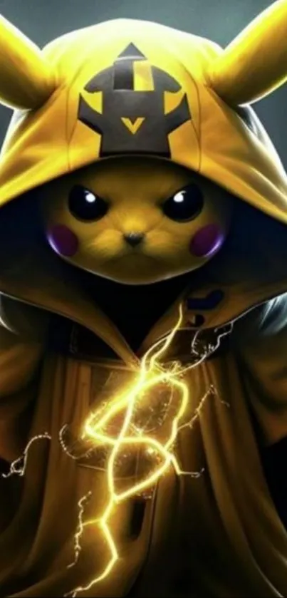 Pikachu in a yellow hood with electric energy charge.