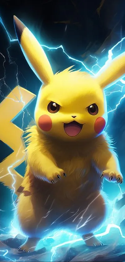 Dynamic Pikachu surrounded by vibrant blue lightning.