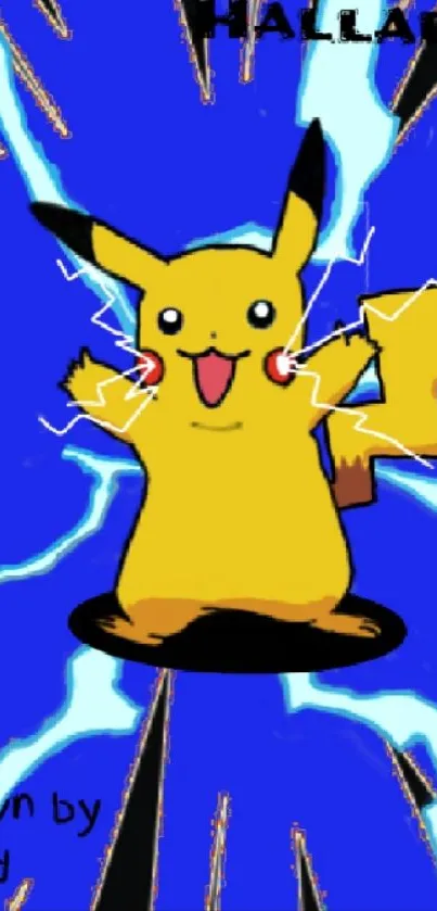 Pikachu surrounded by electric blue lightning.