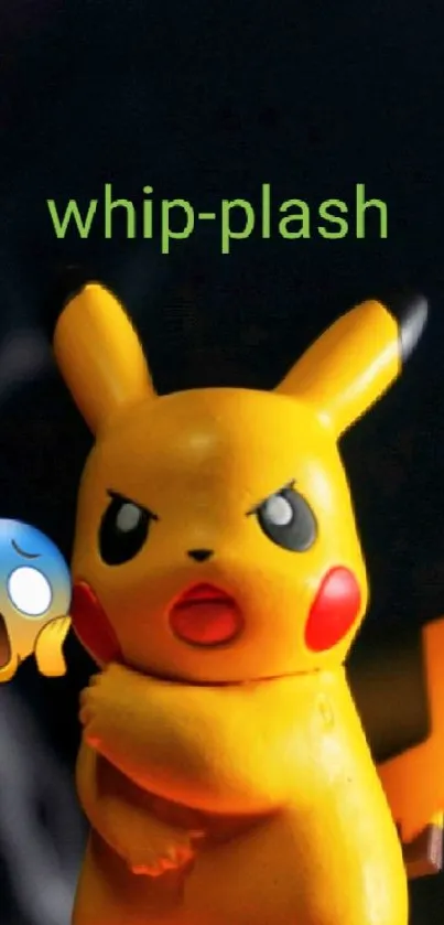 Pikachu toy with lightning bolt on dark background.