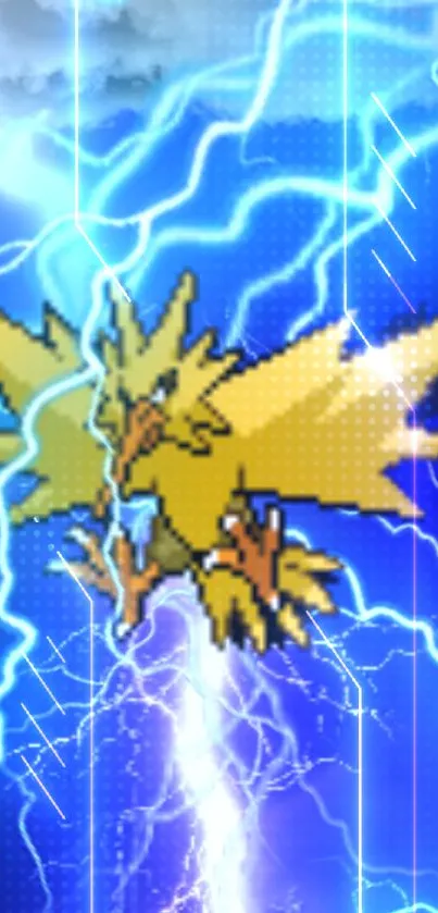 Pixelated electric bird with striking lightning on blue backdrop.