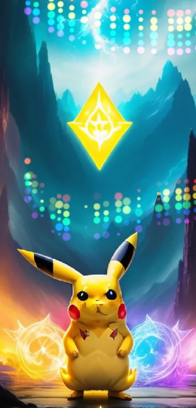 Electric Pokemon in a mystical fantasy landscape with vibrant colors.