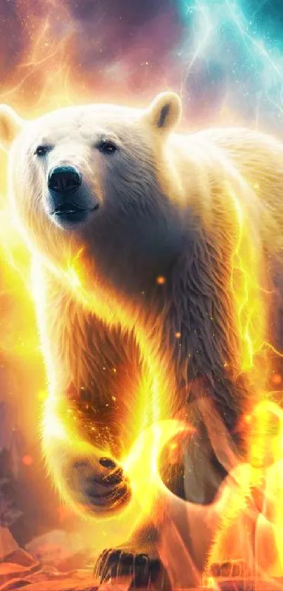 Electric polar bear with glowing lights on mountain backdrop.