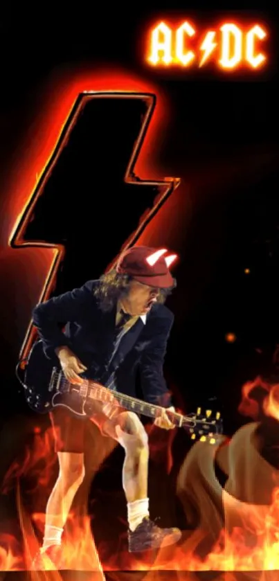 Rock guitarist with electric design and fiery background.