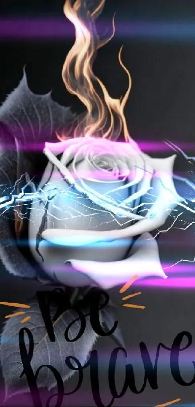 Fiery rose with electric accents and text.