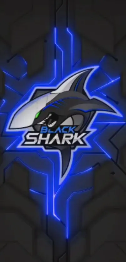 Neon blue shark design with electric glow on dark background.