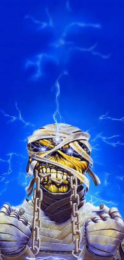 Skeleton wrapped in chains with blue lightning background.