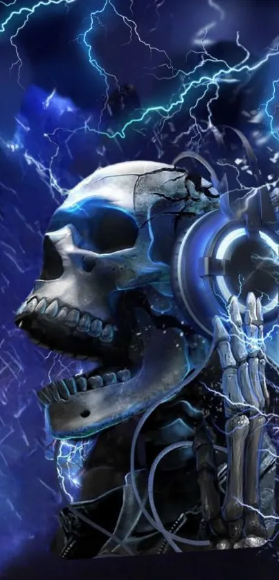 Electric skull with blue lightning and futuristic elements for phone wallpaper.