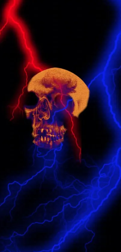 Skull with red and blue electric lightning on a dark background.