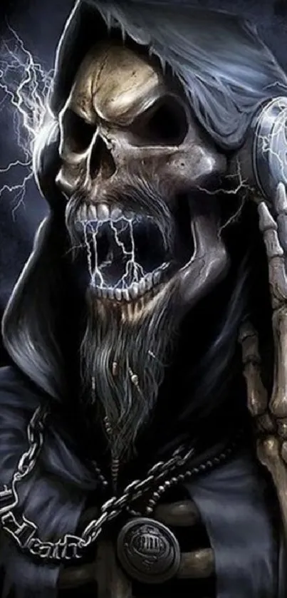 Electric skull art with lightning on dark background.