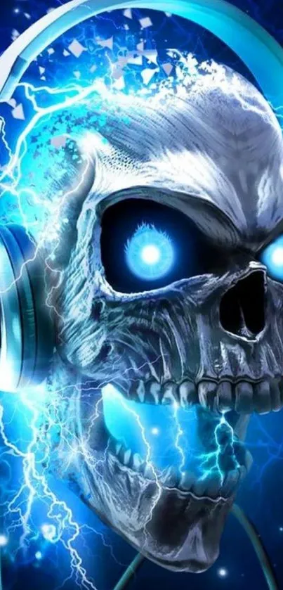 Electric skull with headphones and lightning background