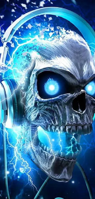 Electrifying skull with headphones in vibrant blue hues.