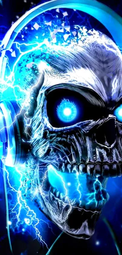 Electric skull with blue lightning and headphones on a phone wallpaper.