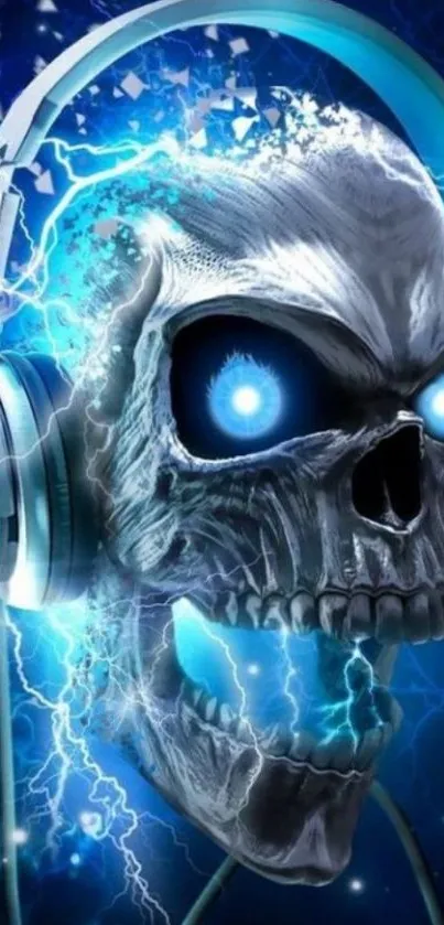 Electrifying skull with headphones and blue lightning effect.