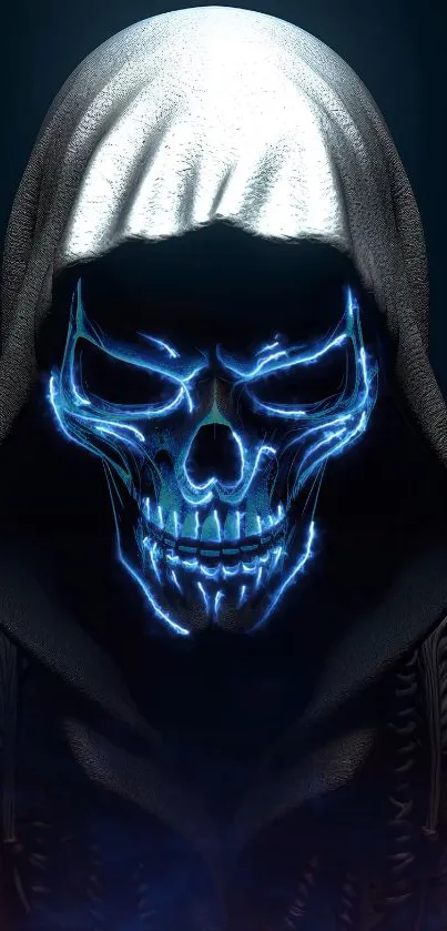 A glowing blue skull in a hoodie on a dark background. Perfect phone wallpaper.