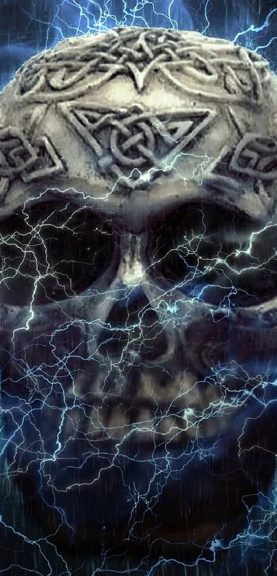 Intricate electric skull with blue lightning on a dark background.