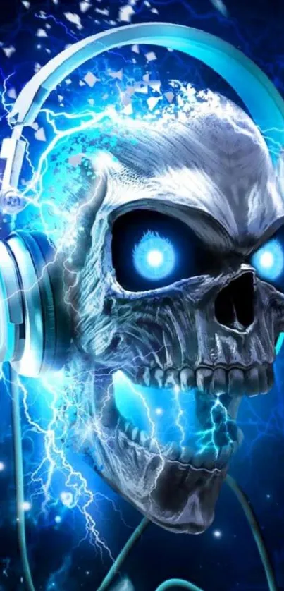 Electrified skull with glowing eyes and headphones on a blue background.