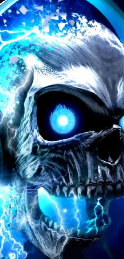 Glowing electric skull with headphones and blue lightning effect.