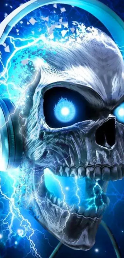 Electrifying neon blue skull with headphones, vibrant mobile wallpaper.