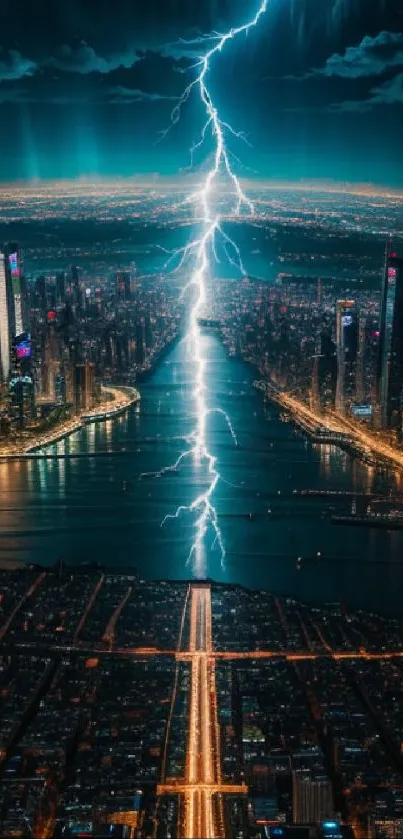 Electrifying city skyline at night with lightning.