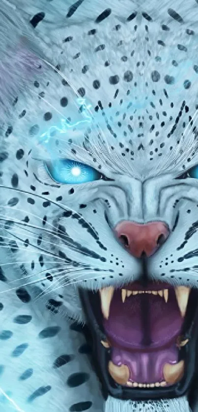 Artistic electric snow leopard with a blue aura.