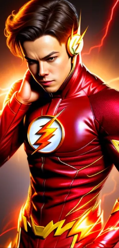 Superhero in red suit with lightning backdrop.