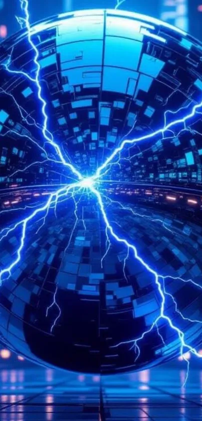 Neon electric sphere with blue energy arcs on a cyber grid wallpaper.