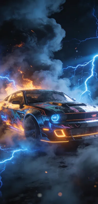Electric sports car with lightning background.