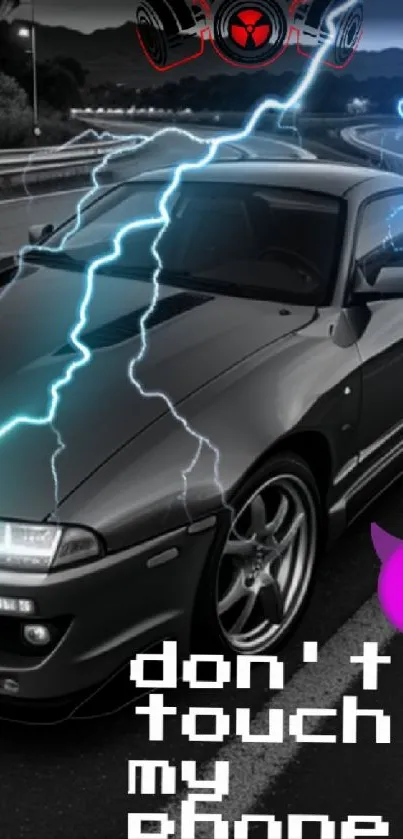 Sports car with lightning on dark road background.