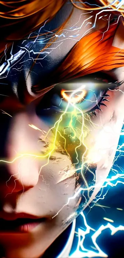 Anime face surrounded by electric lightning in vibrant colors.