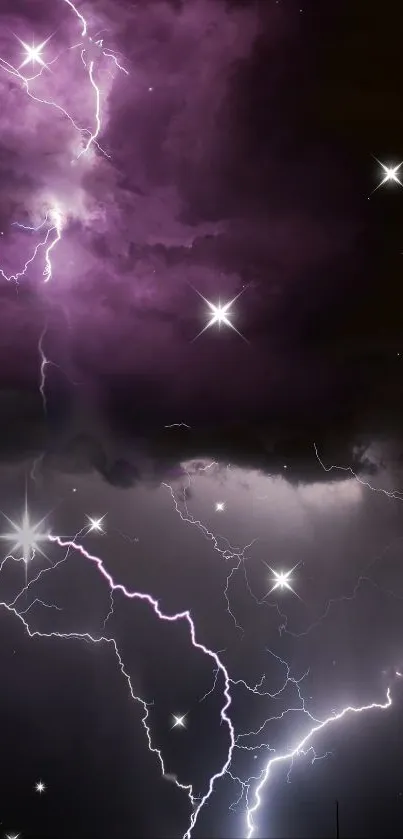 Purple clouds with lightning and stars in an electric storm wallpaper.