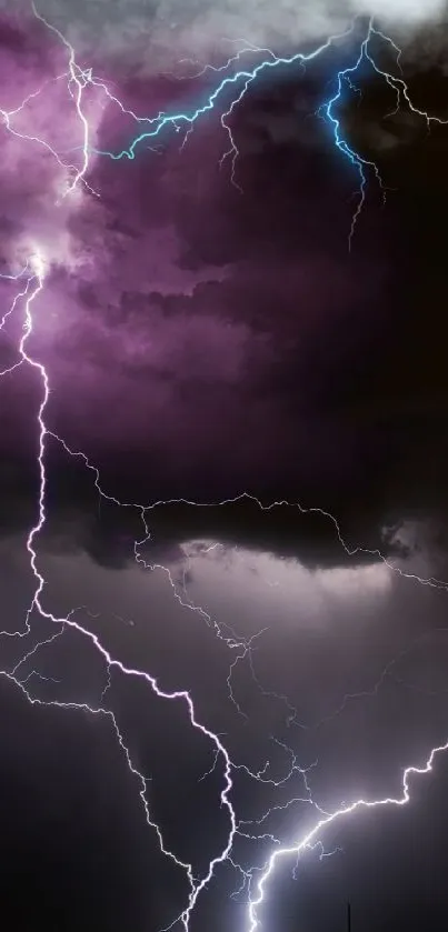 Dynamic lightning strikes across a dark purple sky, creating a dramatic storm scene.