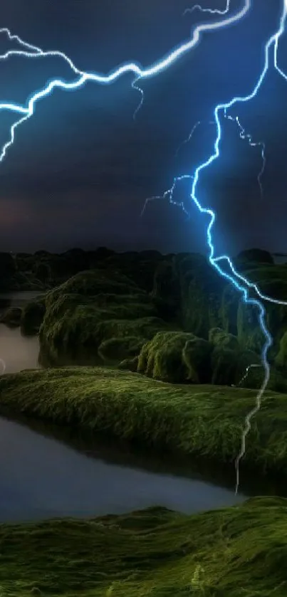 Lightning strikes over mossy rocks at night with vibrant blue hues.