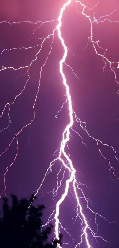 A vivid purple lightning bolt under a stormy sky with clouds on a phone wallpaper.