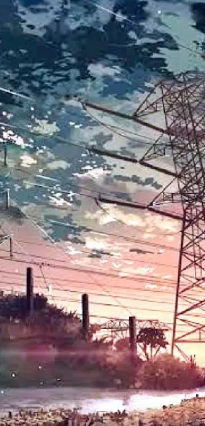 Artistic sunset scene with power lines and trees.