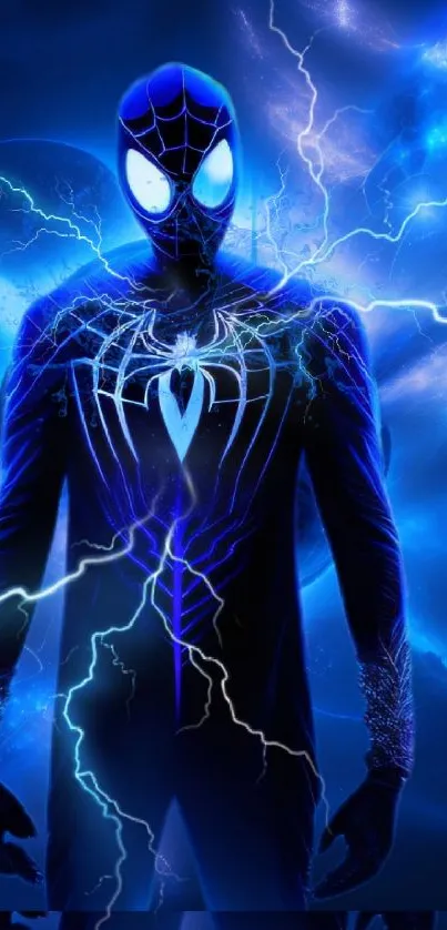 Superhero in electric blue lightning on cosmic background wallpaper.
