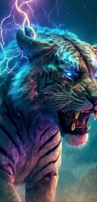Vivid electric tiger with lightning in a mystical forest, ideal for phone wallpaper.