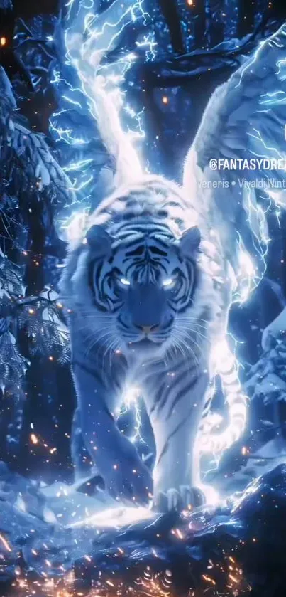 White tiger with wings in electric blue forest landscape.