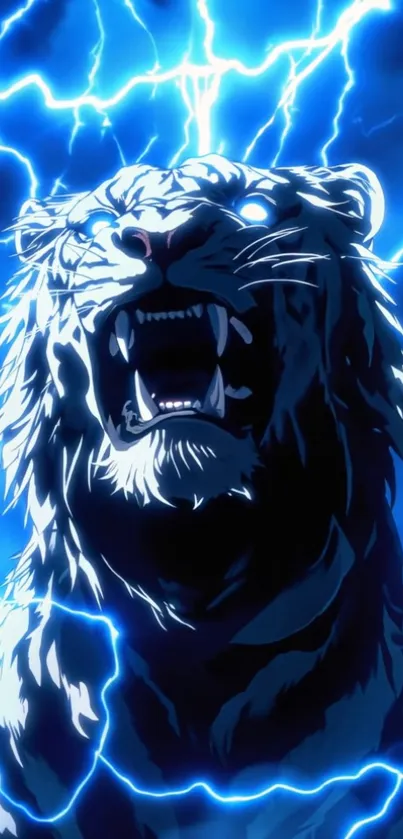 Electric blue tiger roaring in lightning-filled sky wallpaper.