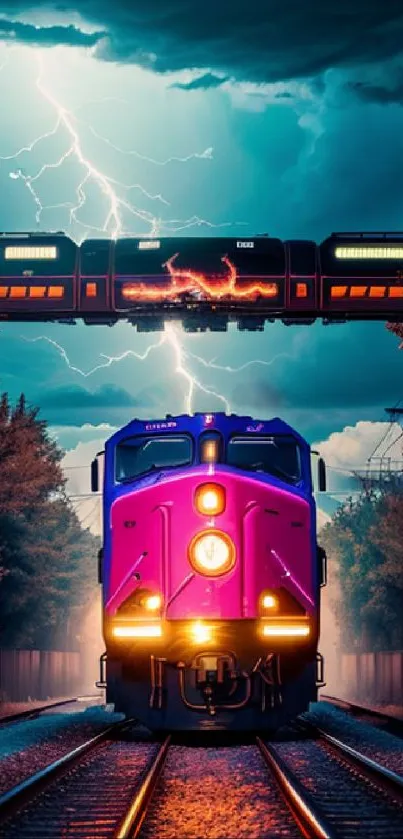 Magenta train with lightning in a stormy night scene.