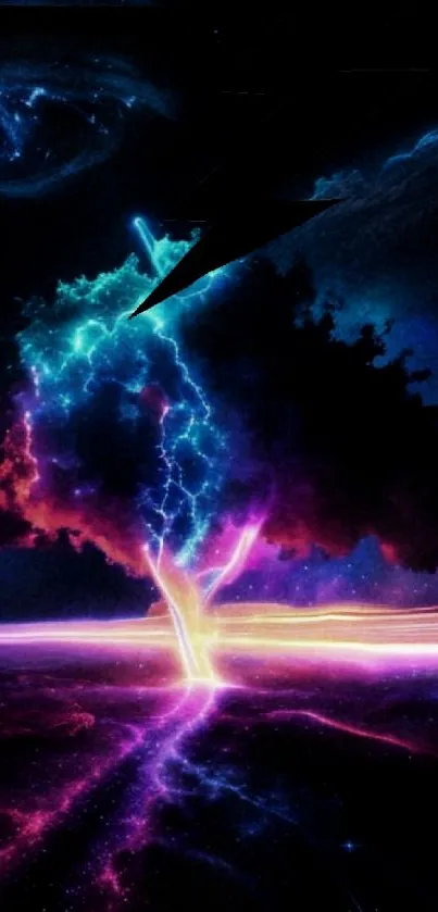 Electric neon tree in a galaxy scene.