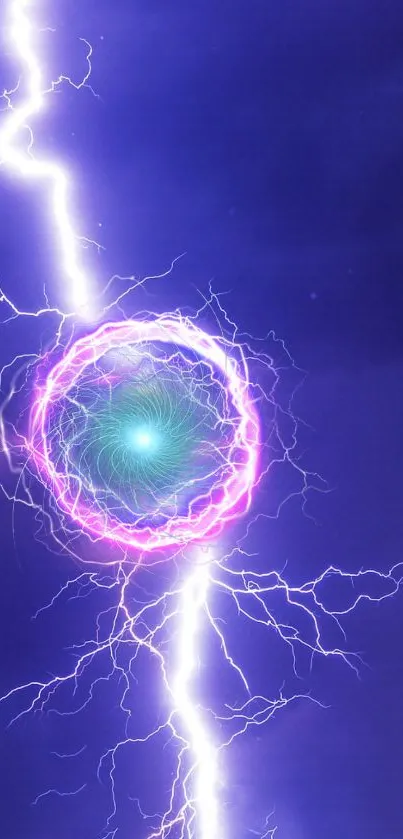 Electric vortex with lightning in a purple sky on mobile wallpaper.