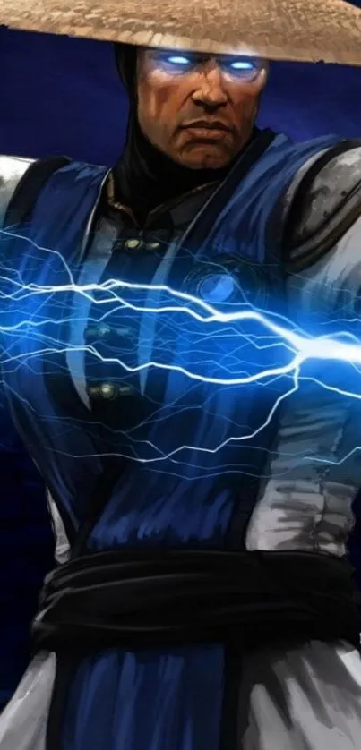 Electrifying warrior with blue aura and lightning.