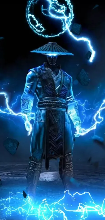 Electric warrior surrounded by blue lightning in a dark, dynamic digital artwork.