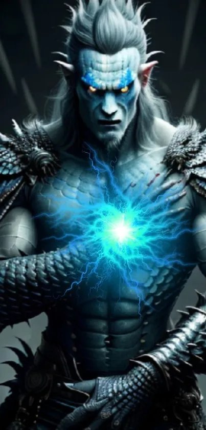 Fantasy warrior with electric blue energy in hand on dark background.